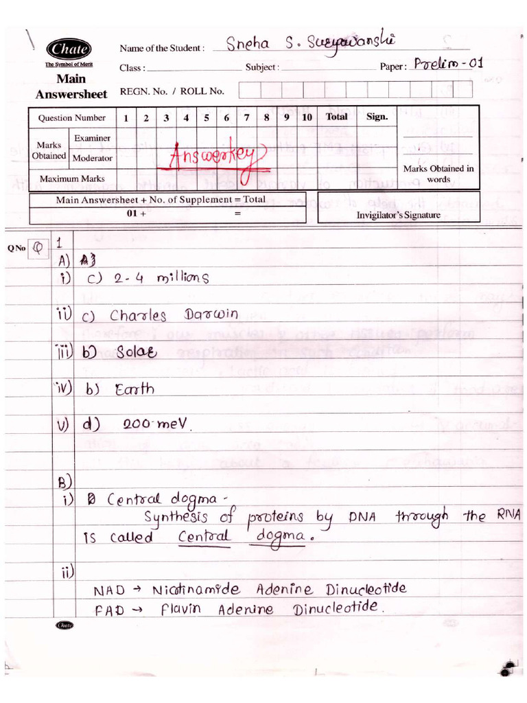 Answerkey Prelim - I (Science II) | PDF