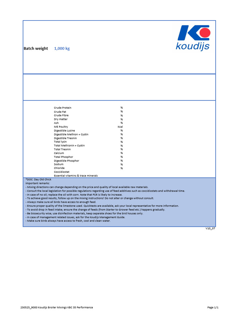 Koudijs Broiler Feed Mixing Guide | PDF | Nutrition | Diet & Nutrition