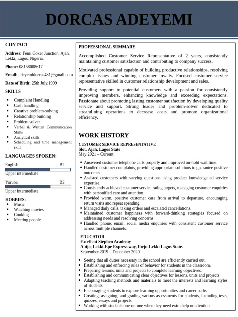 Dorcas Adeyemi CS CV-1 | PDF | Cognition | Behavior Modification