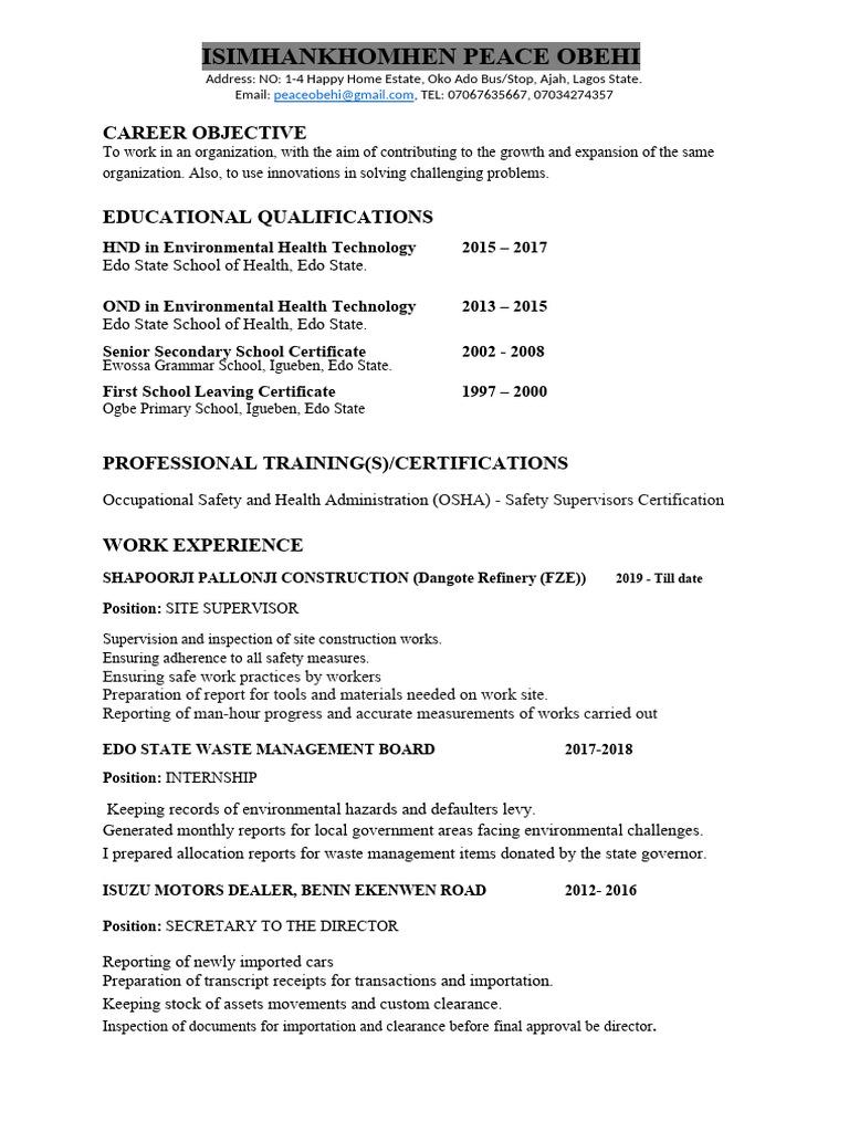Environmental Health Professional Resume | PDF | Safety | Occupational ...