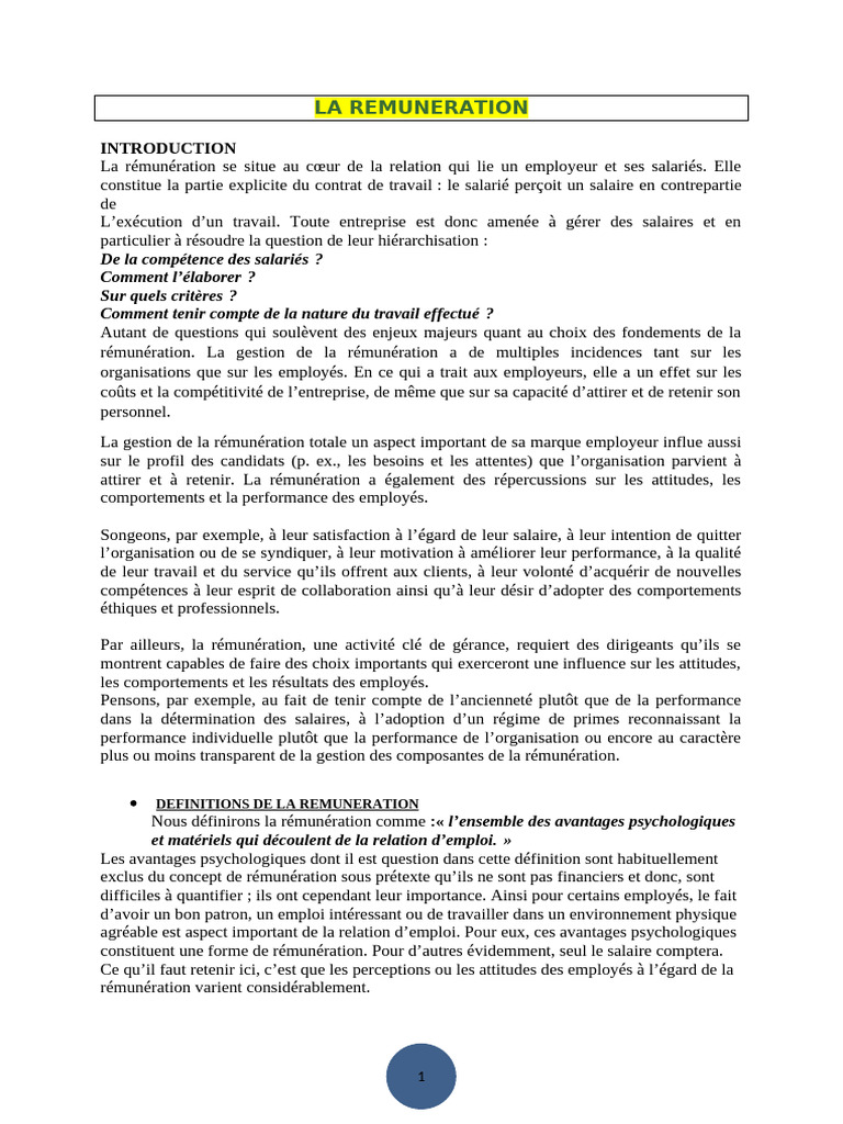 Gestion de la Rémunération en Entreprise | PDF | Salaires | Coût de la vie