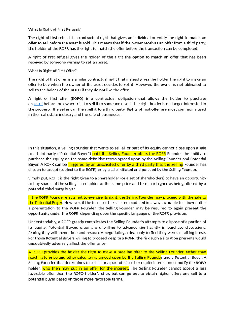 What Is Right of First Refusal | PDF | Equity (Finance) | Procurement