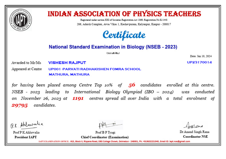 NSEB 2023 Certificate for V Rajput | PDF
