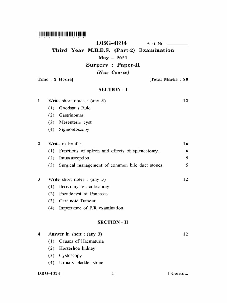 Third year m b b s part 2 examination may 2021 surgery paper ii