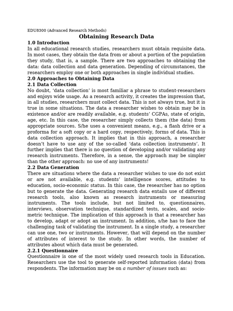 Data Collection vs. Generation in Research | PDF | Questionnaire ...