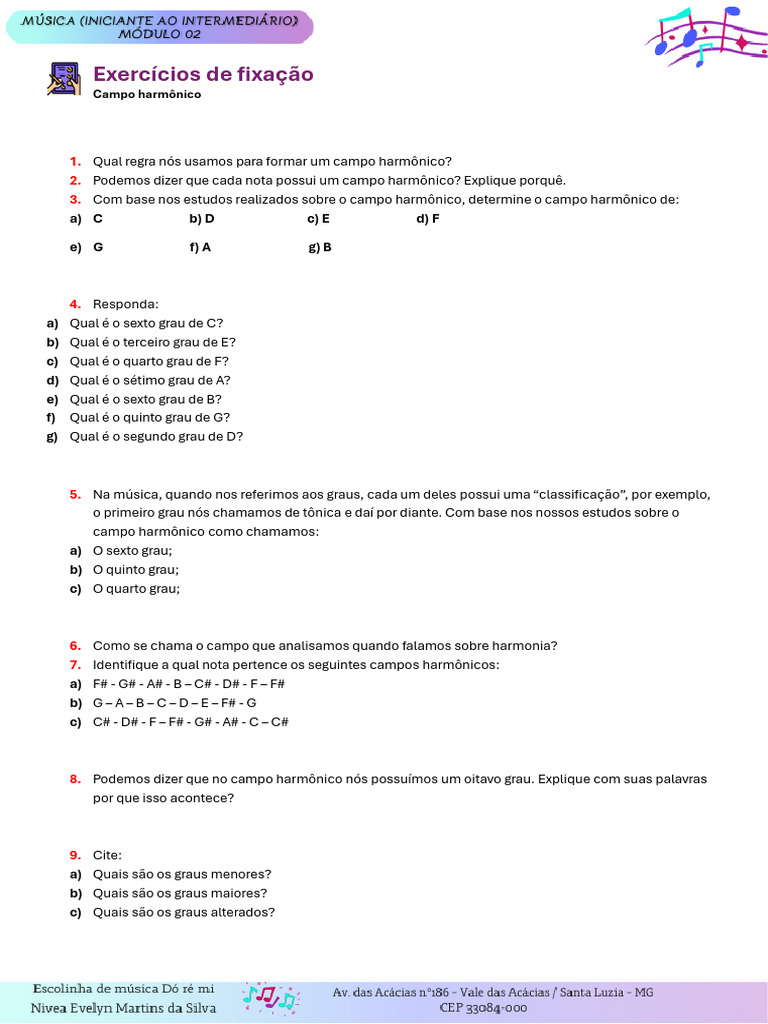 Exercícios sobre Campo Harmônico Musical | PDF | Harmonia