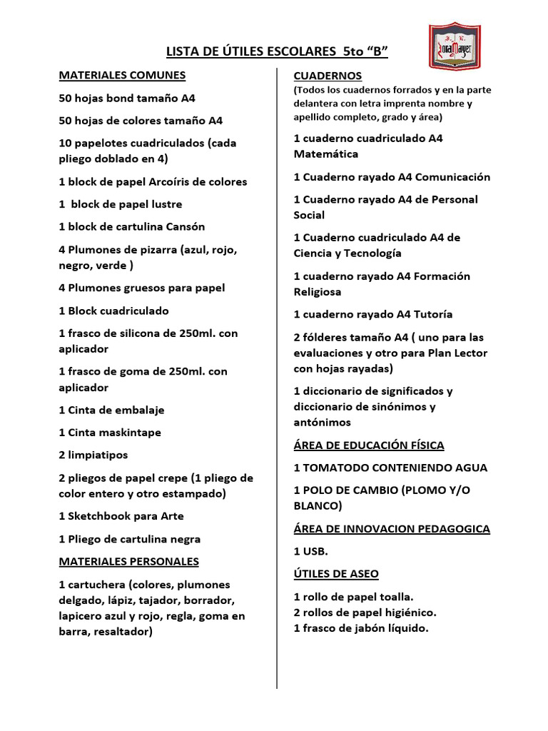 Lista de Útiles para 5to Grado | PDF