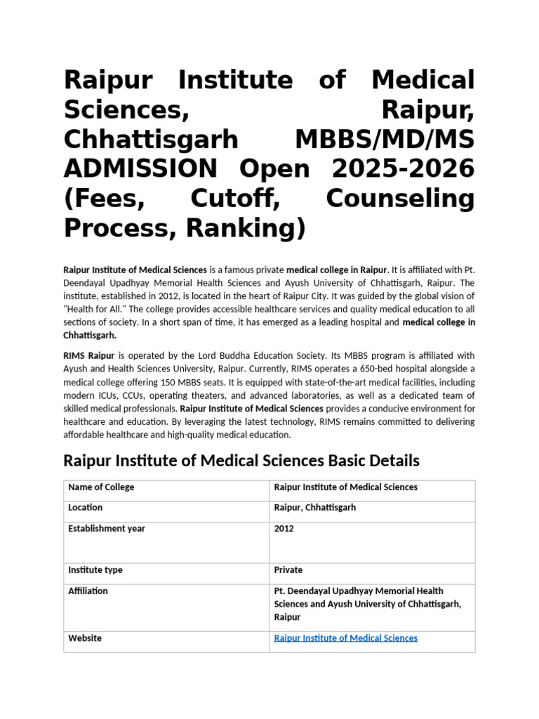 RIMS Raipur MBBS Admission 2025-26 Guide | PDF | Doctor Of Medicine ...