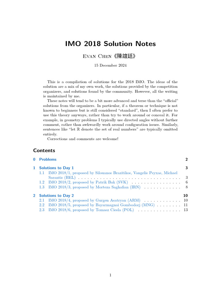 IMO 2018 Solutions Compilation | PDF | Mathematics | Geometry