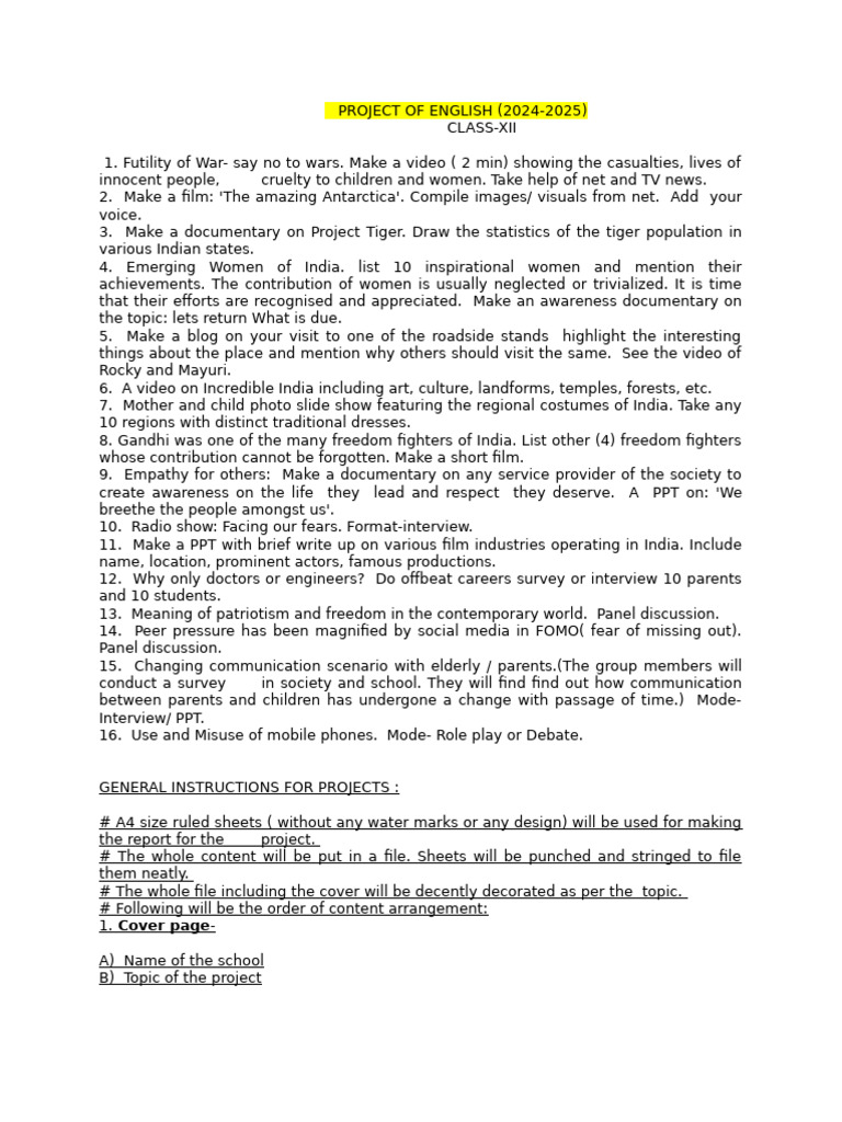 English Project Guidelines for Class XII | PDF