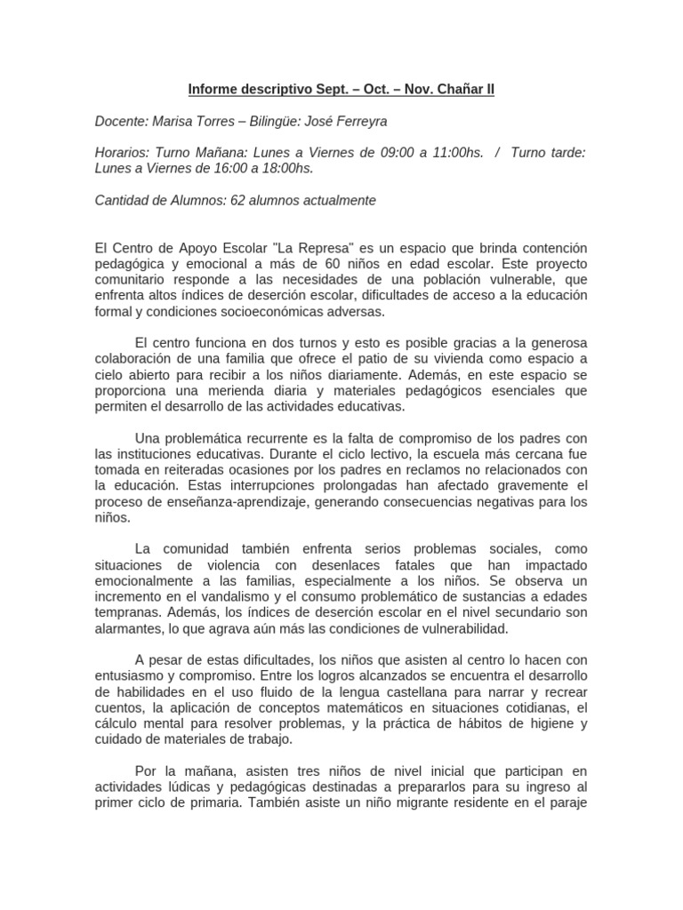 Informe Descriptivo Chañar II TM y TT | PDF | Educación de la primera ...