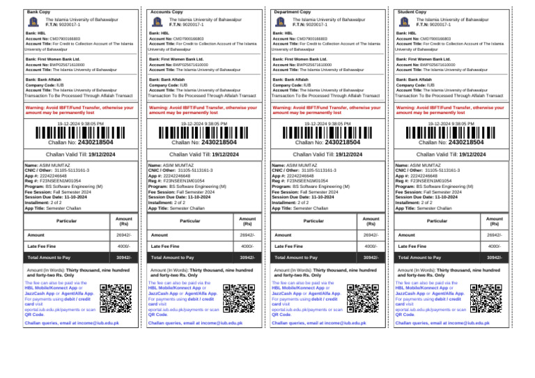 IUB Semester Fee Payment Challan | PDF | Credit Card | Payments