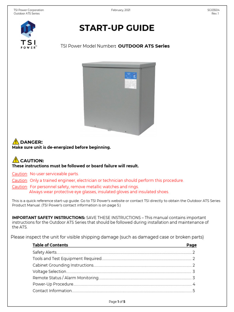 SG03504 Rev1 'Outdoor ATS Series Start-Up Guide' | PDF | Alternating ...