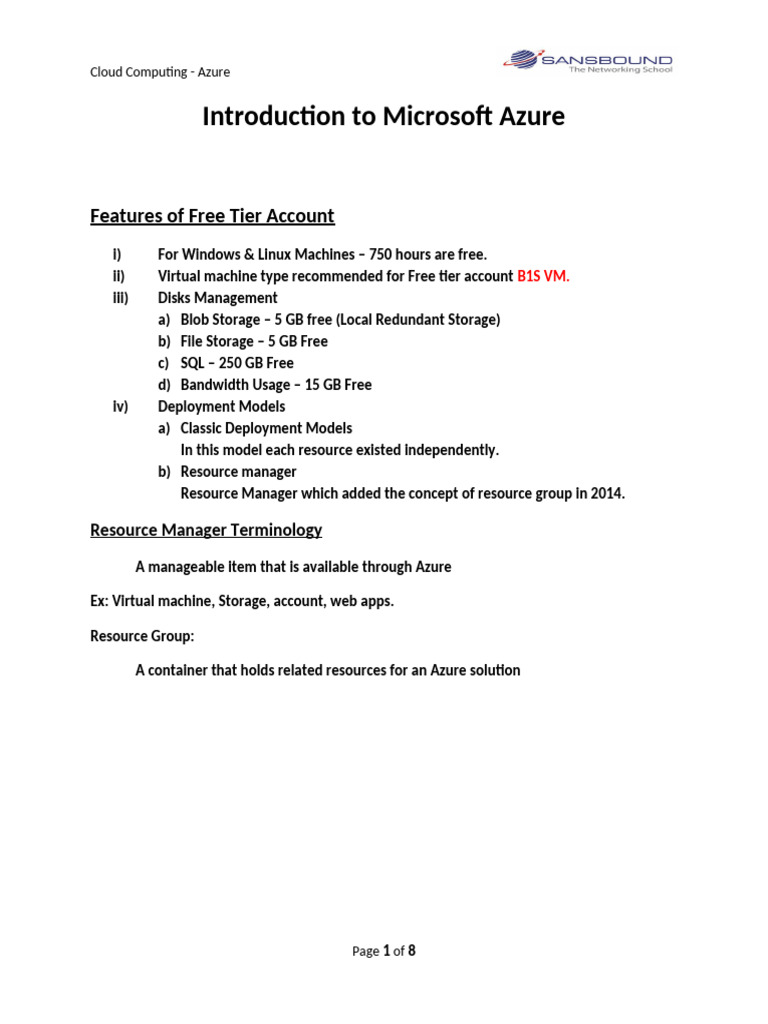 Microsoft Azure Free Tier Overview Pdf Microsoft Azure Virtual
