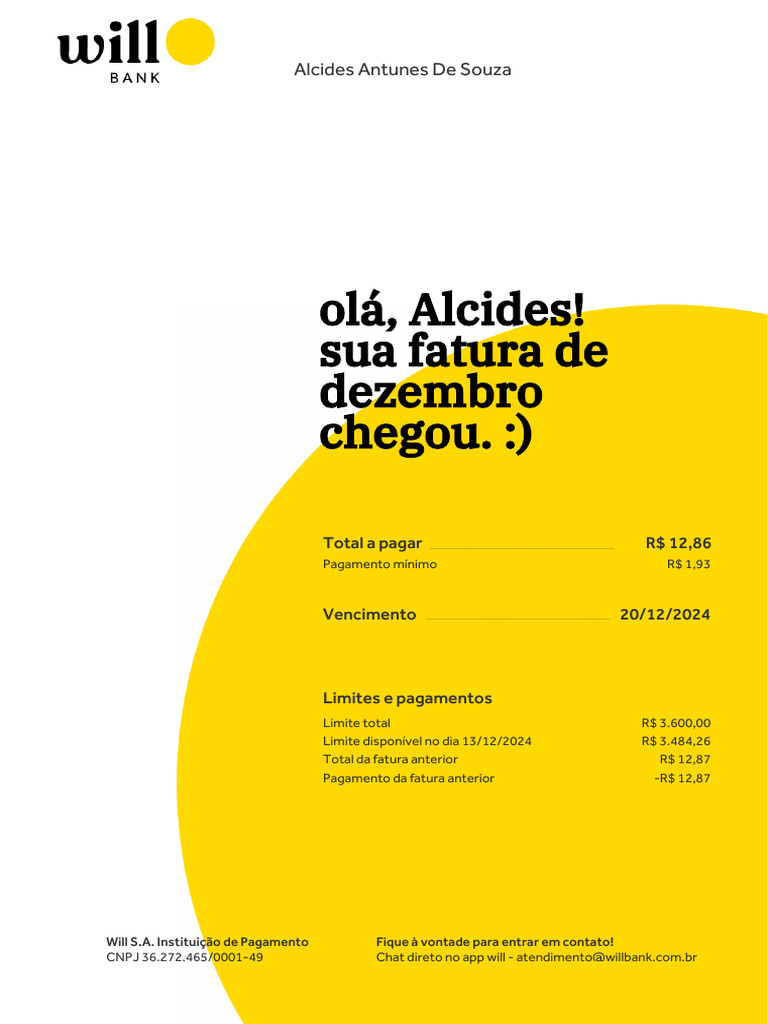 Fatura Will 20241220 | PDF | Dinheiro | Tecnologia financeira