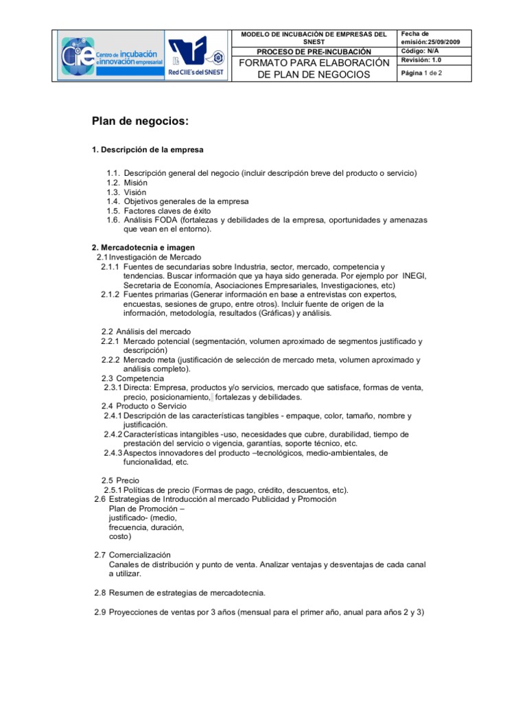 Formato Plan de Negocios