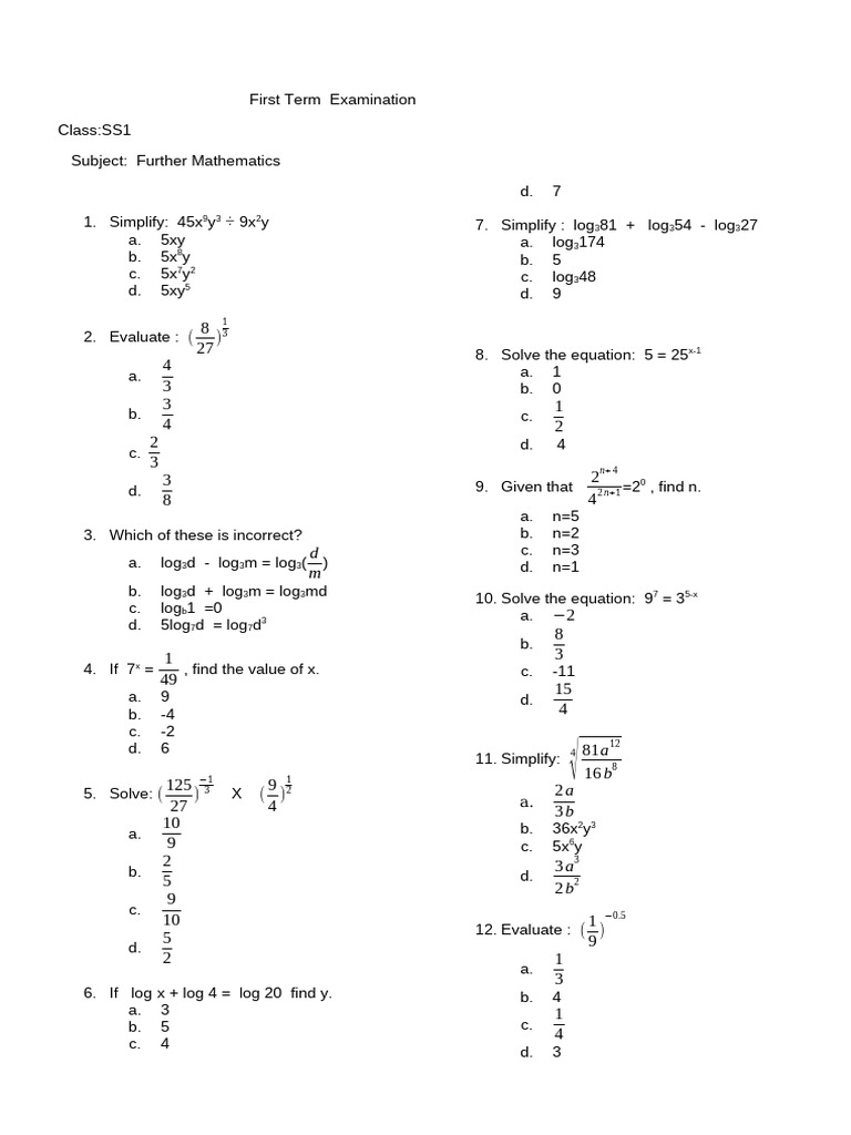 SS1 Further Mathematics Exam 2025 | PDF | Mathematical Objects ...