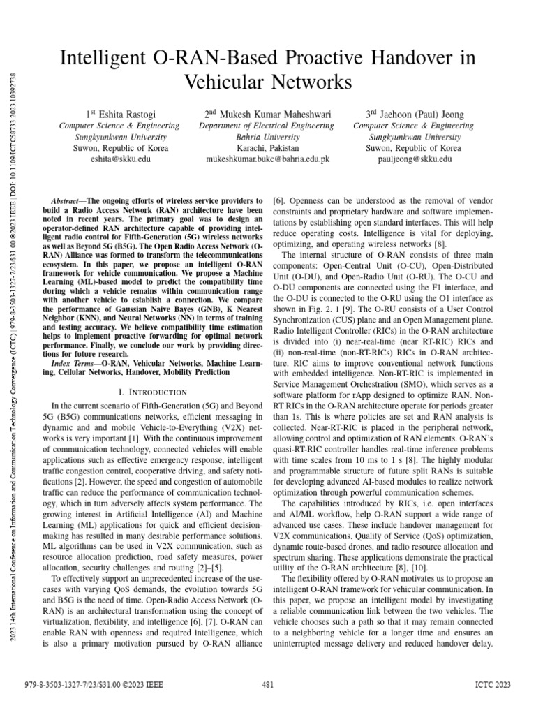 Proactive Handover in O-RAN for Vehicles | PDF | Machine Learning ...
