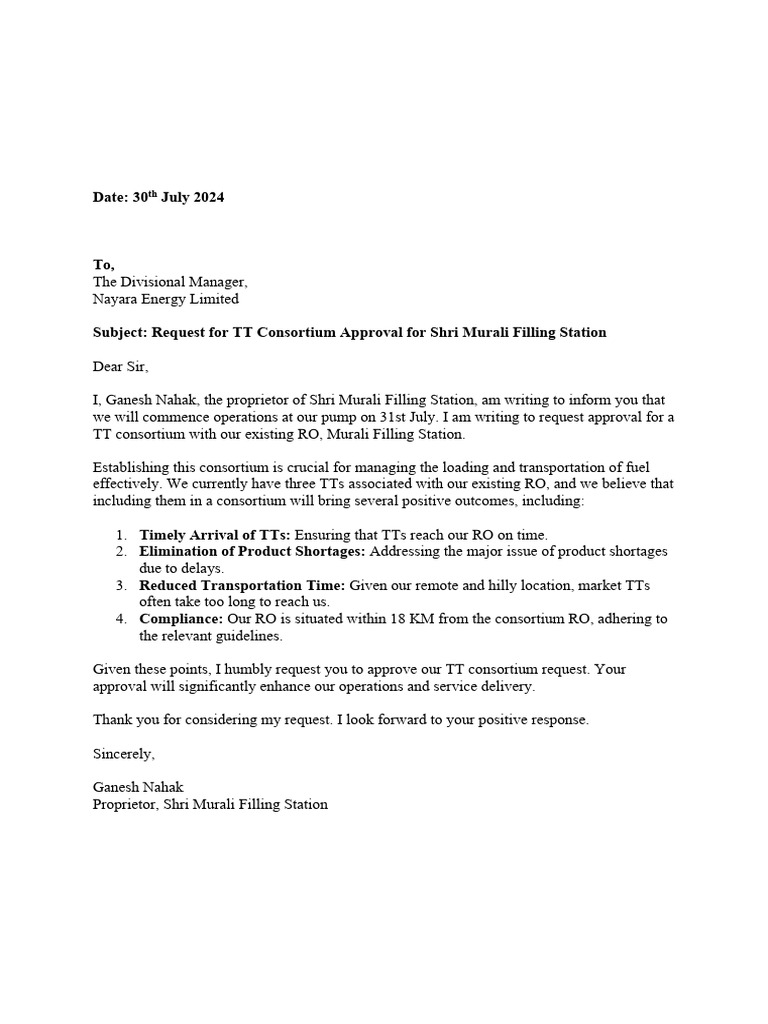 TT Consortium Approval Request for Filling Station | PDF