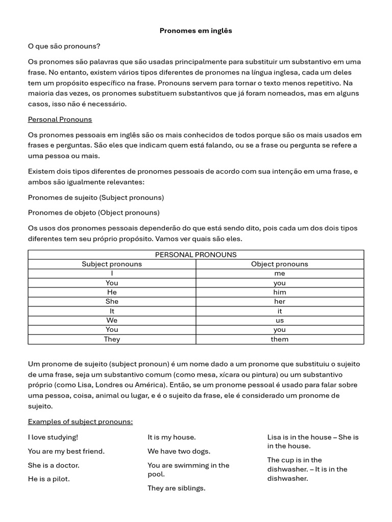 Guia Completo sobre Pronomes em Inglês | PDF | Pronome | Assunto ...