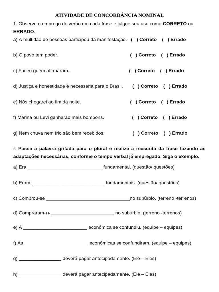 Atividade de Concordância Nominal 4º Ano | PDF