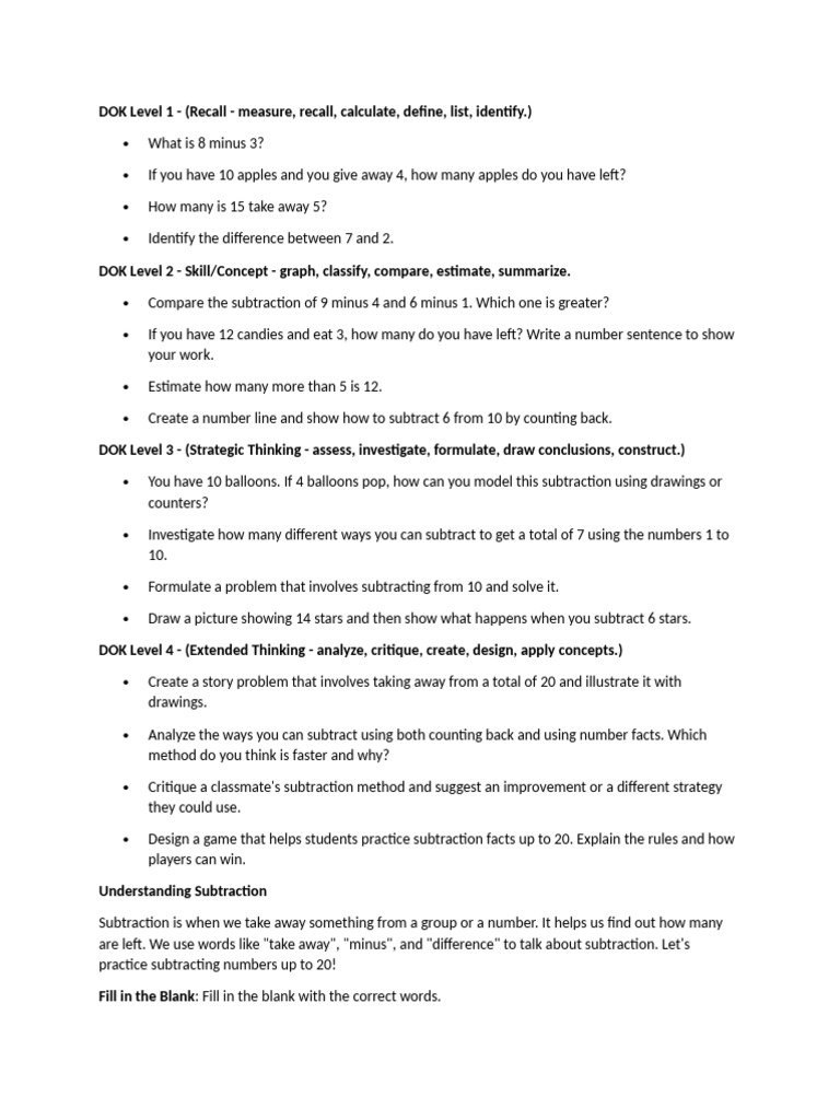 MAth Subtraction Resource | PDF | Subtraction | Cognition