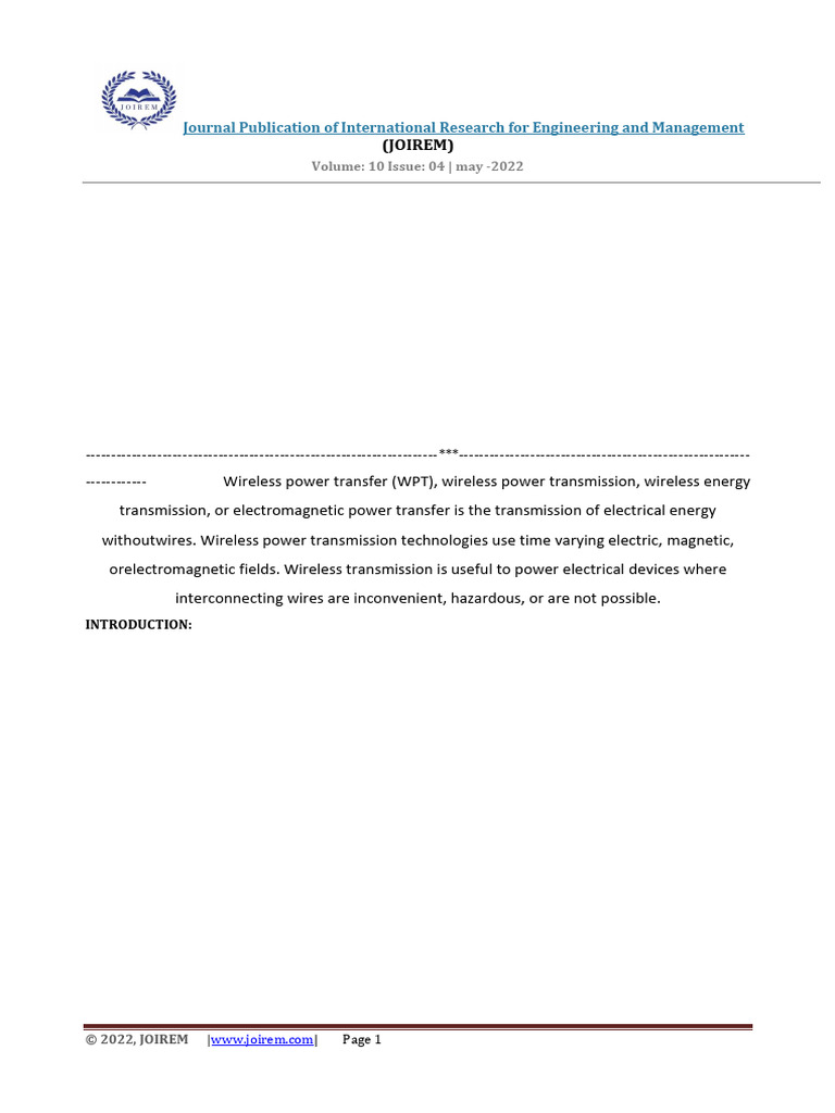 Wireless Power Transfer On Power Train To Charge Battery Pdf