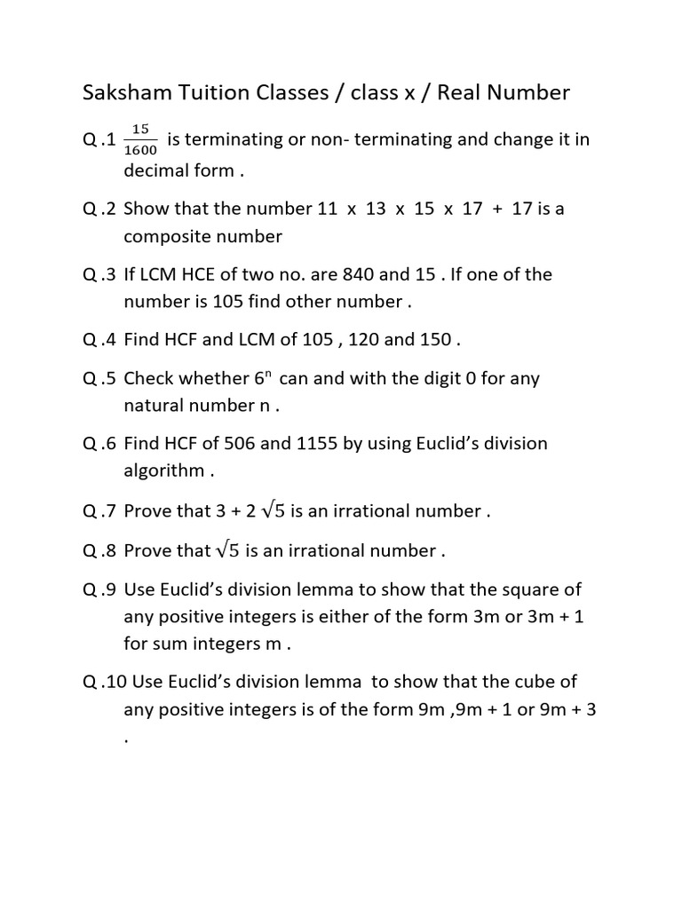 Class X Real Numbers Tuition Questions | PDF