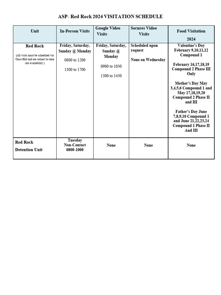 Red Rock Visitation Schedule 2024 | PDF