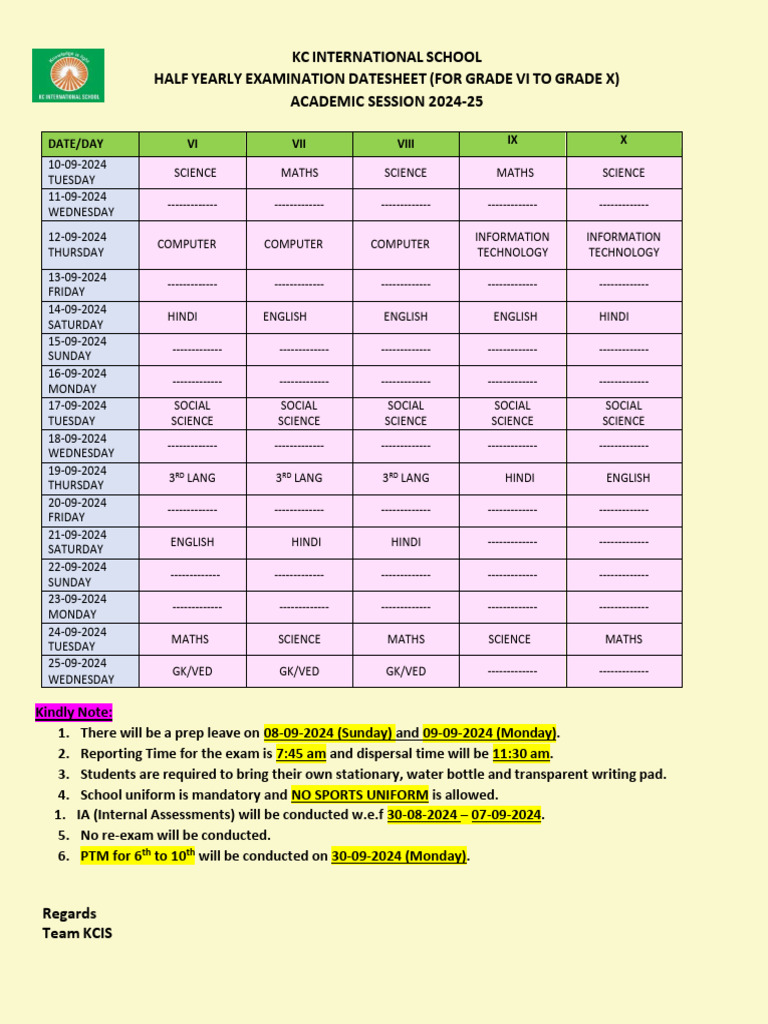 HALF YEARLY DATESHEET 2024-25 VI TO X | PDF