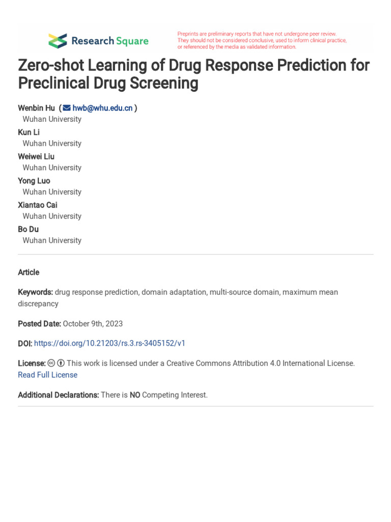 Zero-Shot Learning for Drug Response Prediction | PDF | Drug Discovery