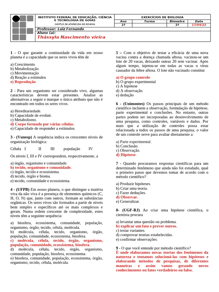 Exercícios sobre Método Científico e Vida | PDF | Método científico ...