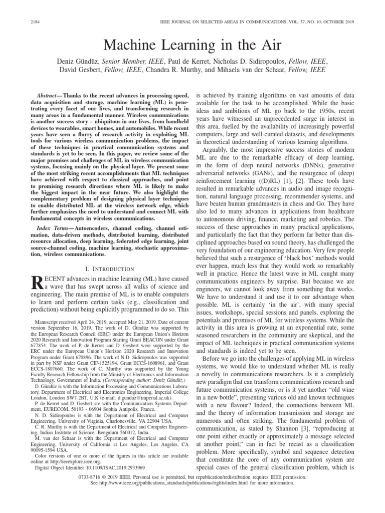 2019 Machine Learning in The Air | PDF | Computer Network | Machine ...