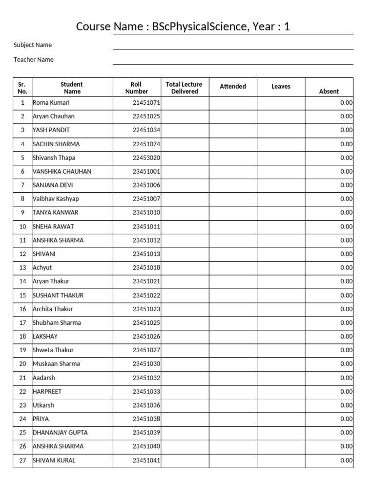 BSc Physical Science Year 1 Attendance | PDF
