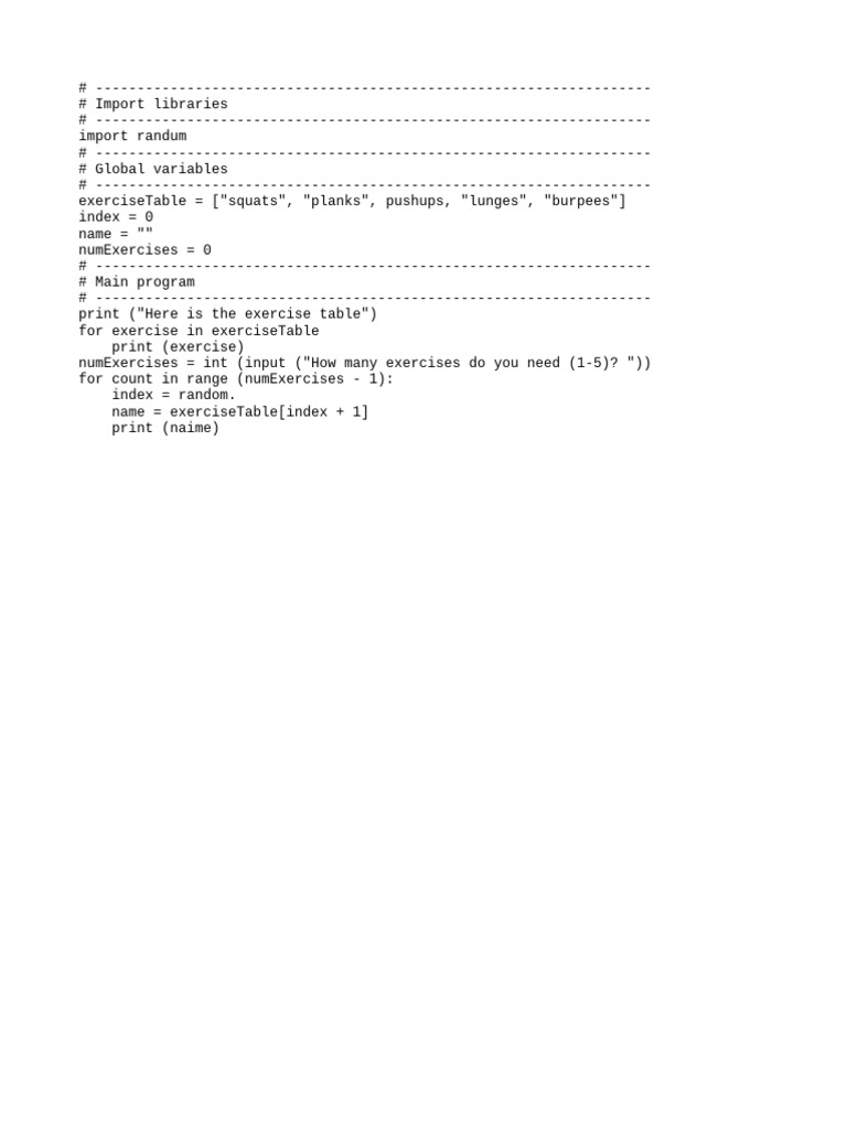 Exercise Selection Program Code | PDF