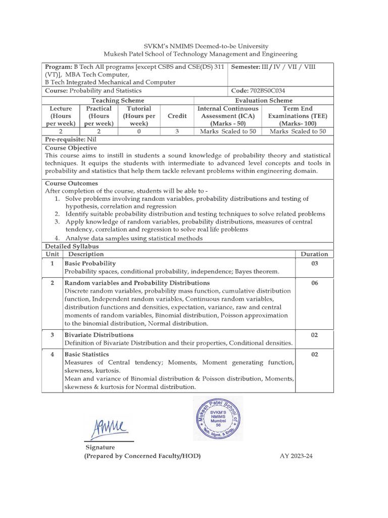 Probability and statistics syllabus pdf