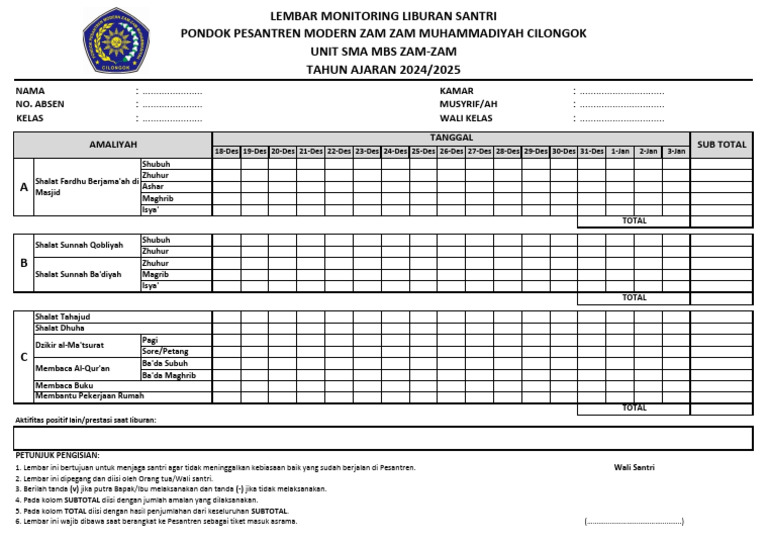 (Sma) Lembar Monitoring Liburan | PDF