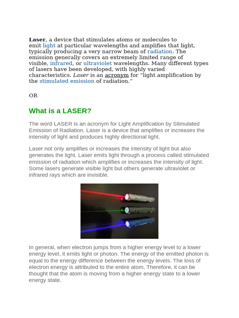 Note on LASER | PDF | Laser | Light