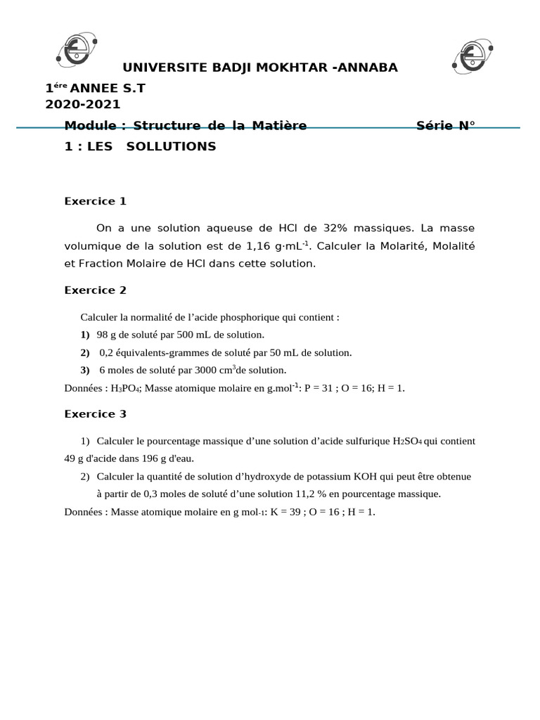 Normalité et Molarité des Solutions | PDF | Concentration molaire | Chimie