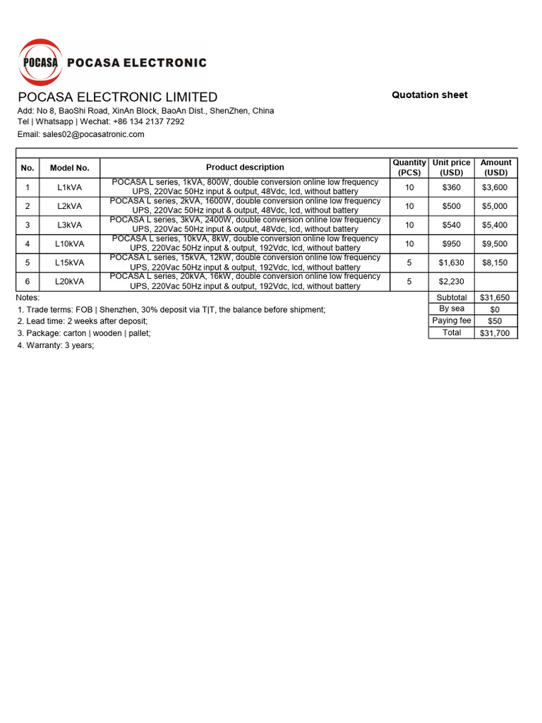 QOC - SZ POCASA L1k-L20k Low Frequency UPS Quotation | PDF | Electronic ...