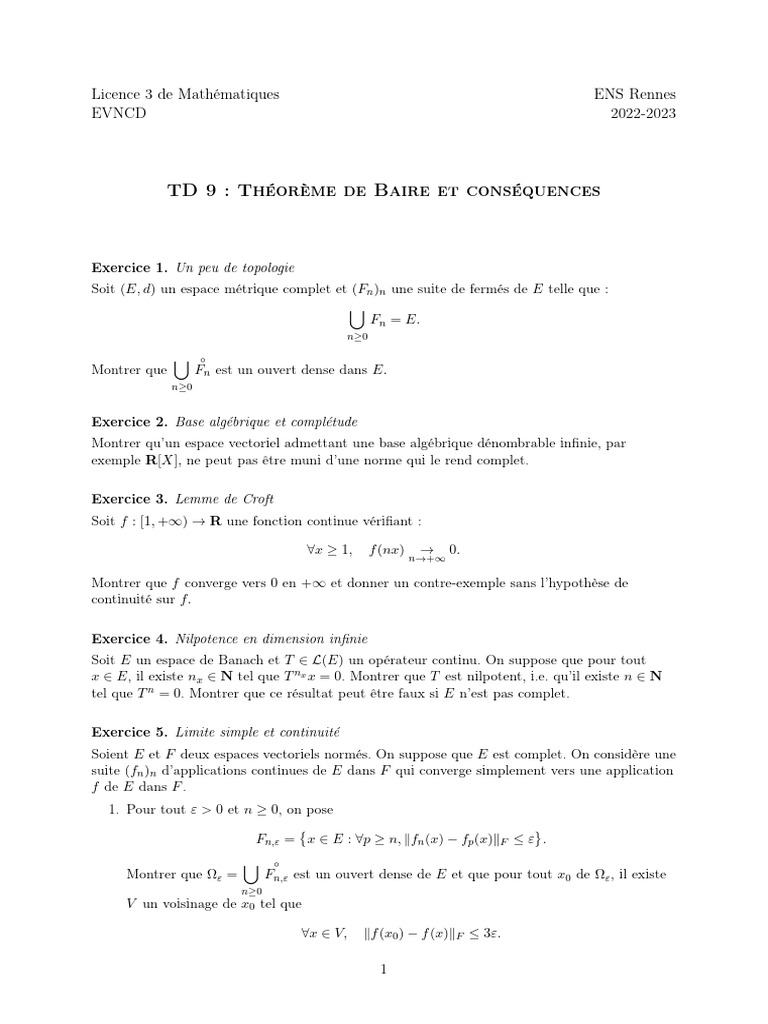 Théorème de Baire et Topologie en Mathématiques | PDF | Limite ...
