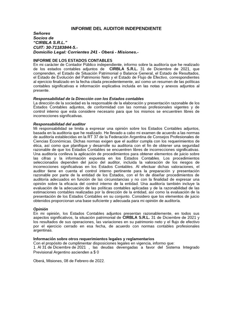 Informe Del Auditor Independiente Cirbla 2021 | PDF | Contabilidad ...