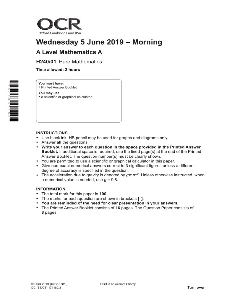 A Level Mathematics A Exam Paper 2019 | PDF | Trigonometric Functions ...