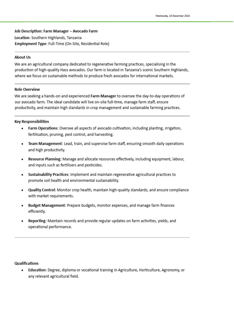 Farm Manager Job for Avocado Farm in Tanzania | PDF | Agriculture ...