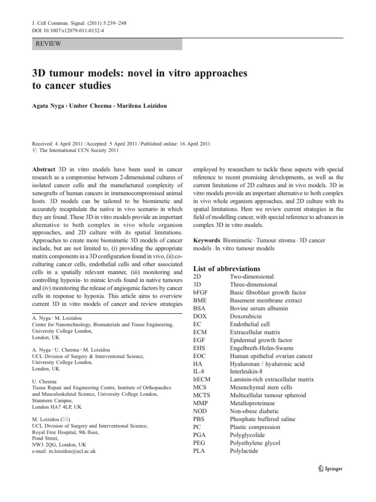 3D tumour models novel in vitro approaches to cancer studies | PDF ...