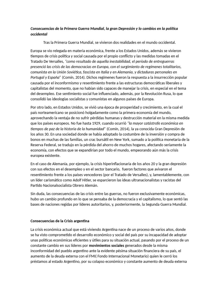 Consecuencias de La Primera Guerra Mundial y Argentina Crisis | PDF ...