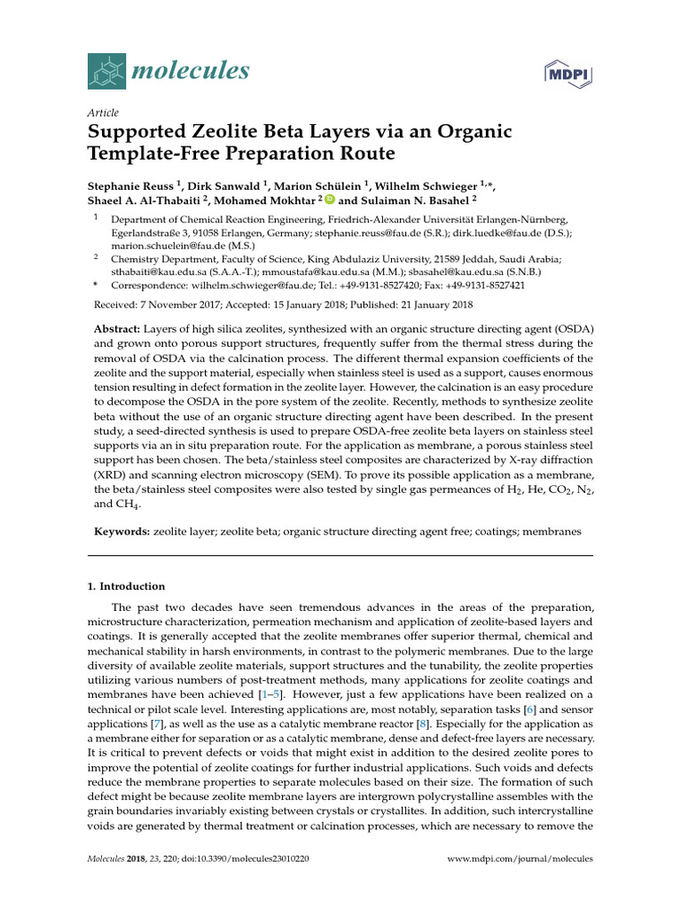 Supported Zeolite Beta Layers via an Organic Template-Free Preparation ...