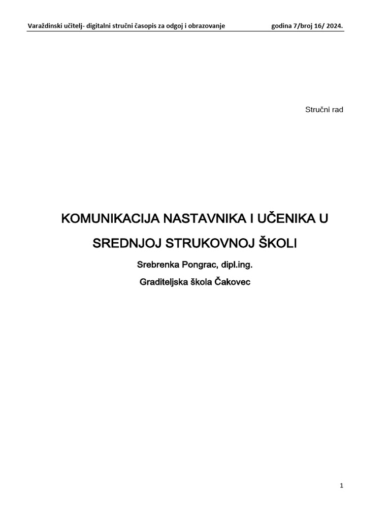 Komunikacija Nastavnika I Učenika U Srednjoj Strukovnoj Školi | PDF