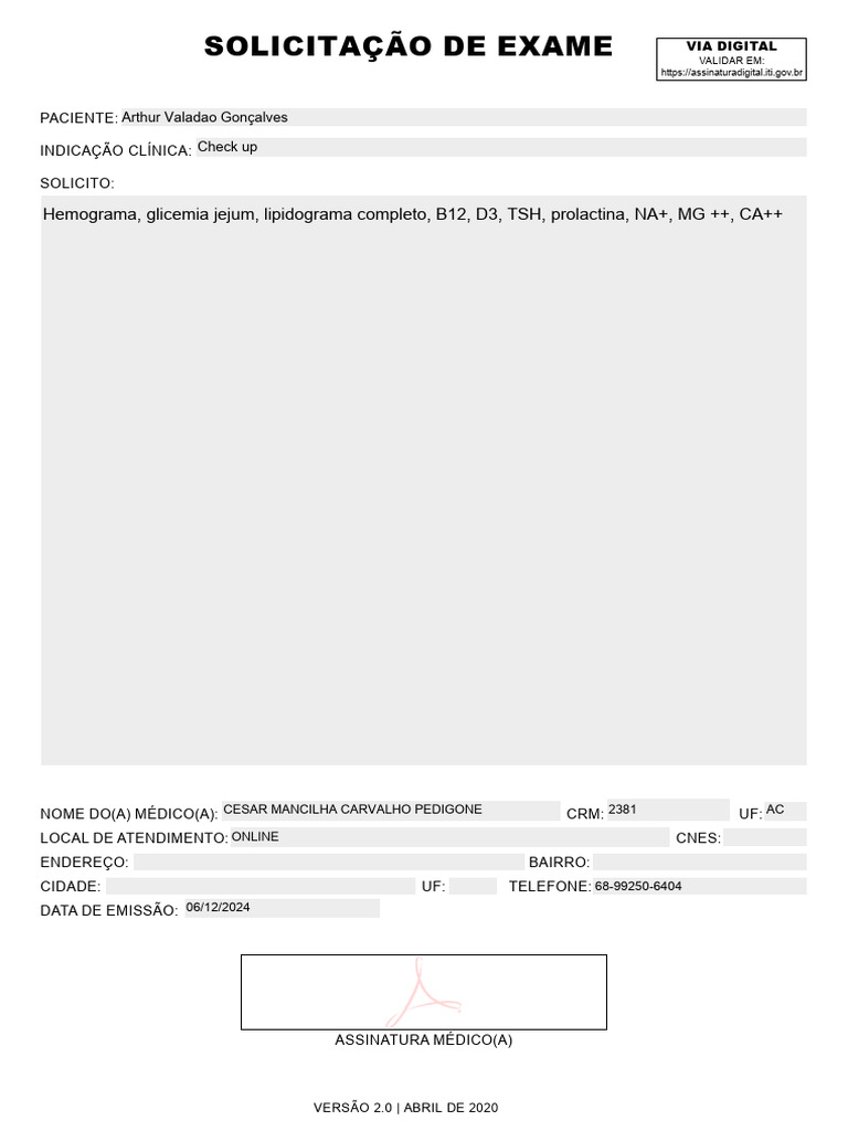 Solicitação de Exame CA++ | PDF