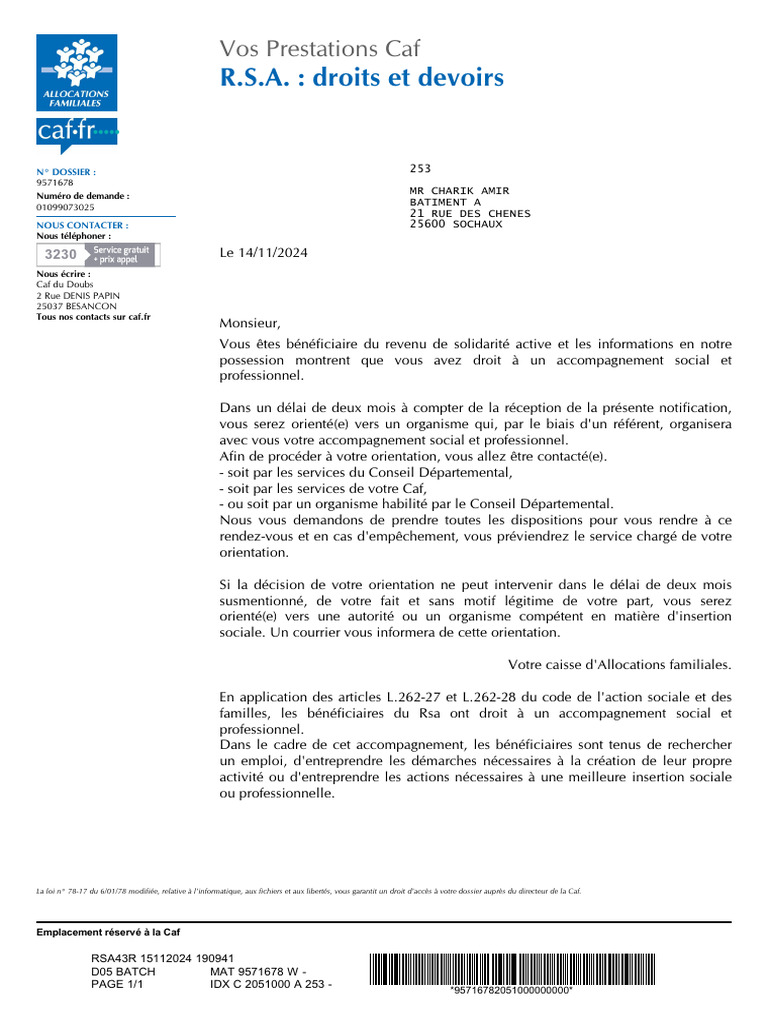 Notification d'Accompagnement RSA Caf | PDF